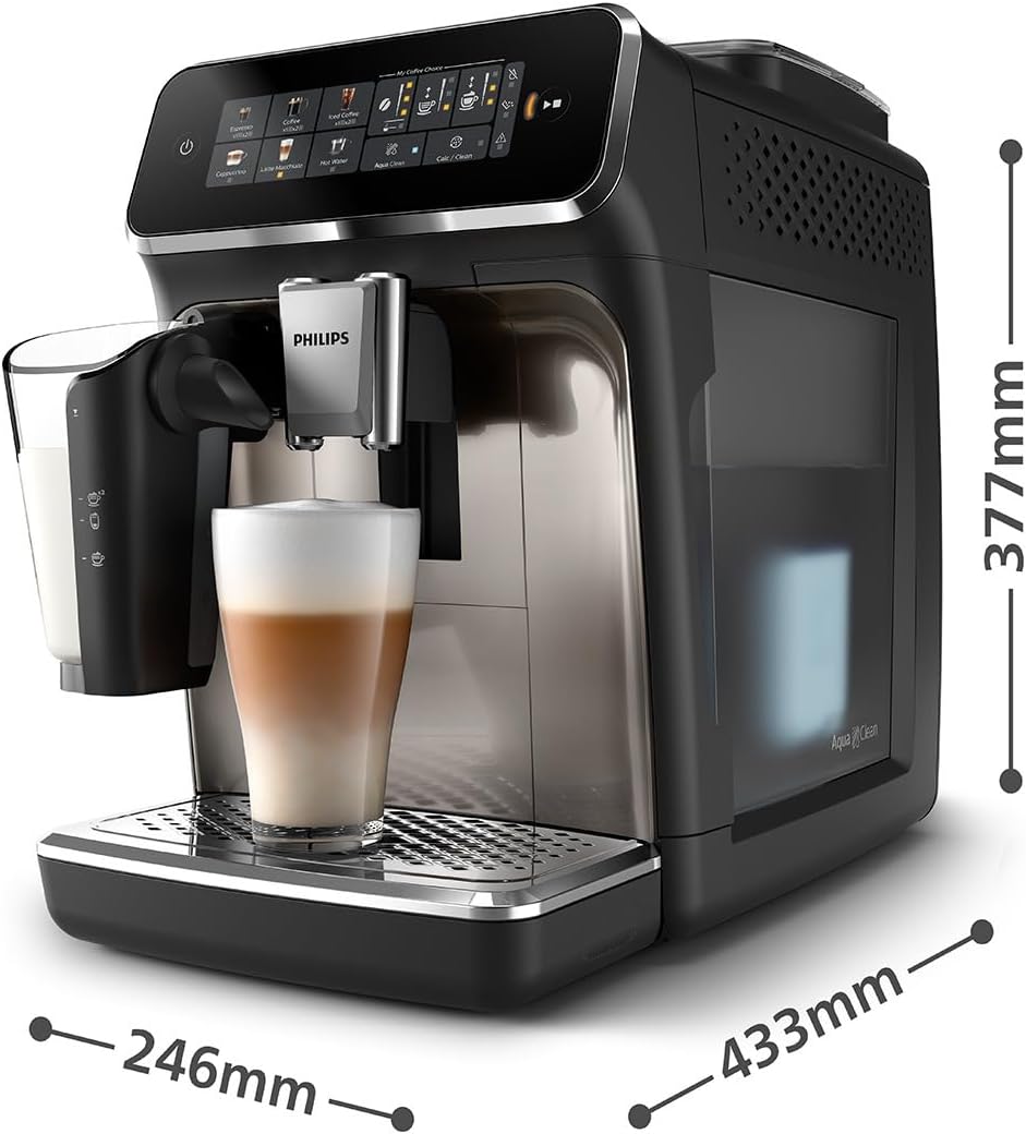 Philips 3300 Series Fully Automatic Coffee Machine - 6 Drinks, Modern Colour Touch Screen Display, LatteGo Milk System, SilentBrew, 100% Ceramic Grinder, AquaClean Filter, Black Chrome (EP3347/90)