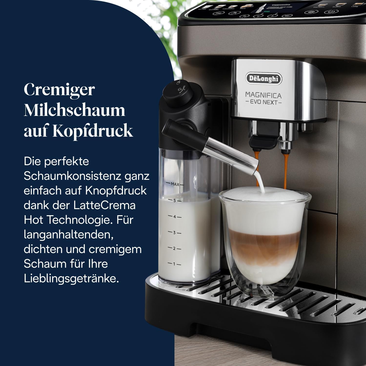 De'Longhi Magnifica Evo Next - Perfetto Fully Automatic Coffee Machine with LatteCrema Milk Frother, 13 One-Touch Drinks, Coffee and Cappuccino Coffee Machine, Coloured Touch Display, Titanium