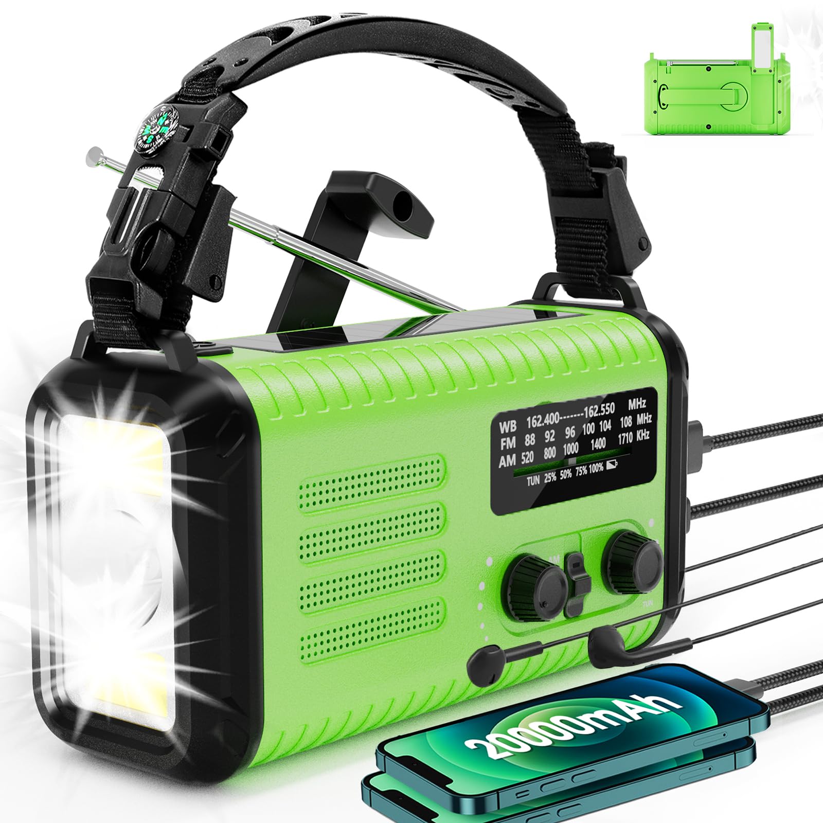 Emergency 20000mAh Crank Solar Weather Radio with Flashlight and Phone Charger