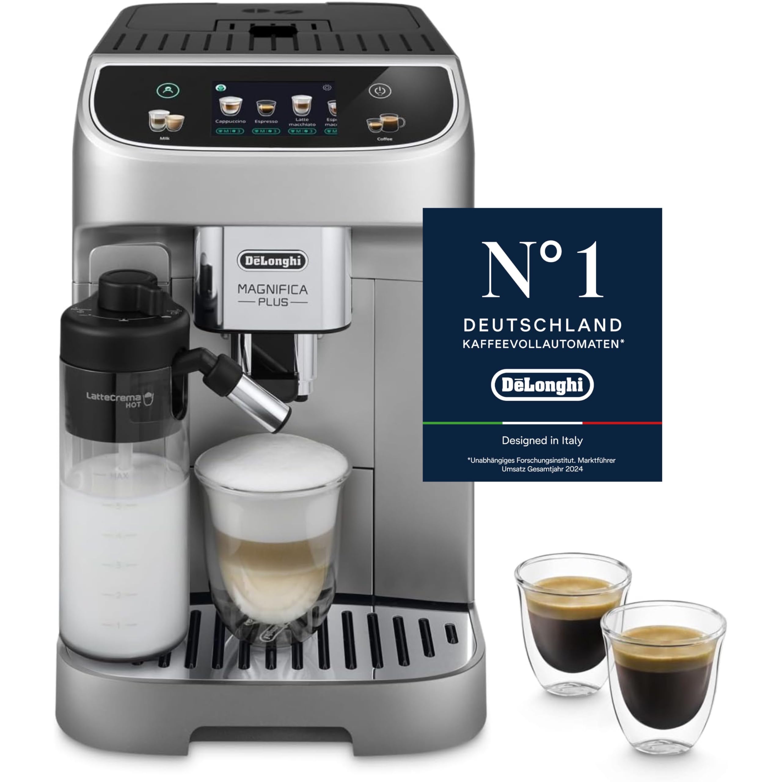 De'Longhi Magnifica Evo Next - Perfetto Fully Automatic Coffee Machine with LatteCrema Milk Frother, 13 One-Touch Drinks, Coffee and Cappuccino Coffee Machine, Coloured Touch Display, Titanium