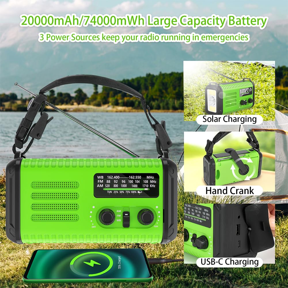 Emergency 20000mAh Crank Solar Weather Radio with Flashlight and Phone Charger