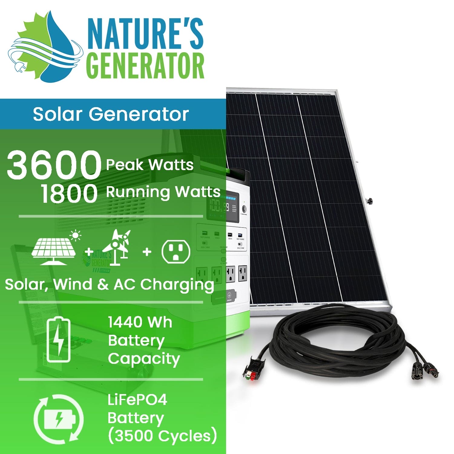 Nature's Generator Lithium 1800 Solar Generator and Transfer Switch