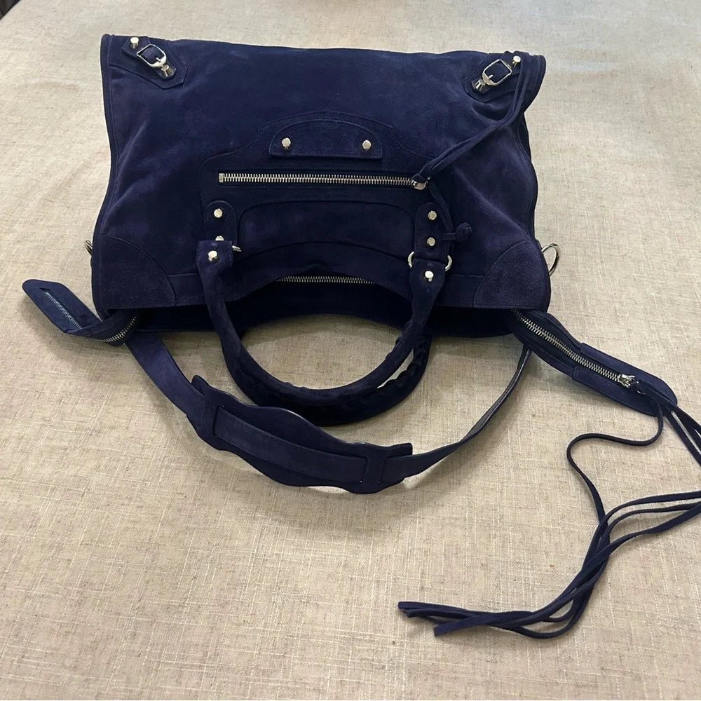 Balenciaga City Bag Blue Suede w/Silver tone hardware