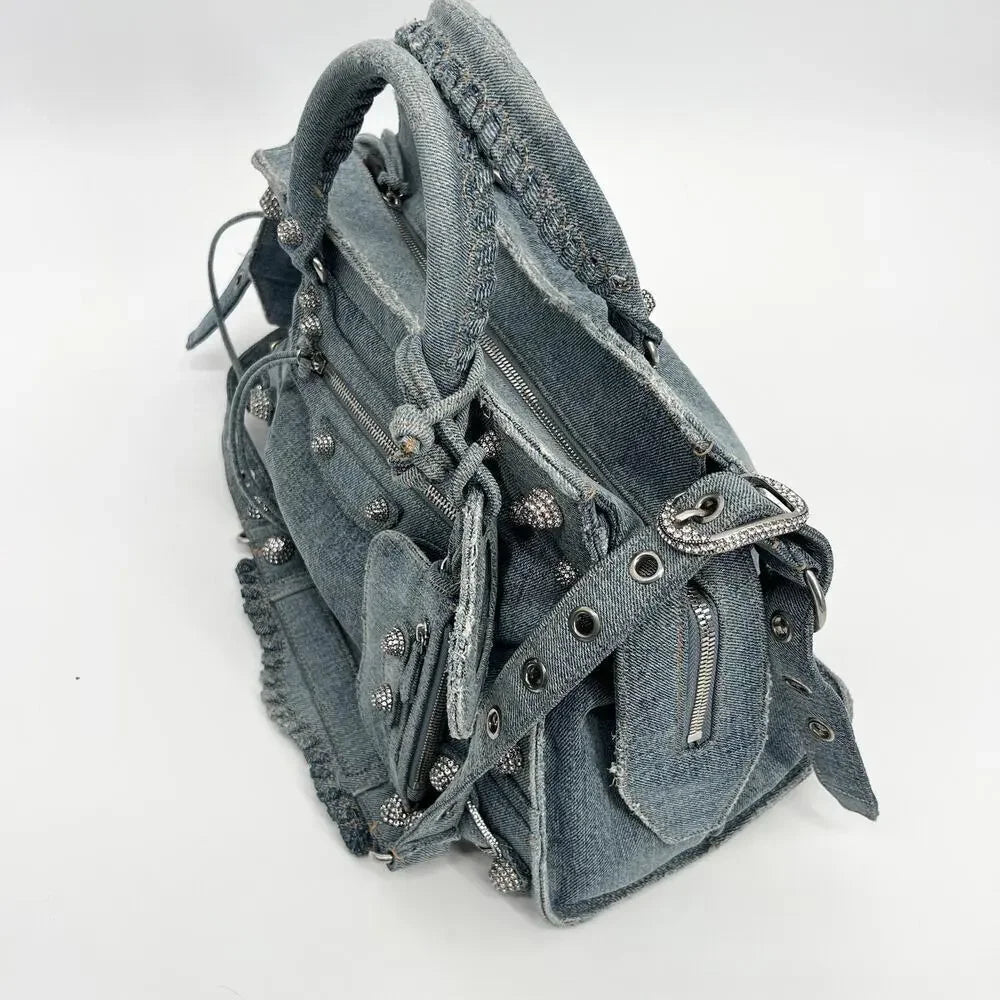 BALENCIAGA Neo Cagole City Handbag Denim Rhinestone Bag 2023