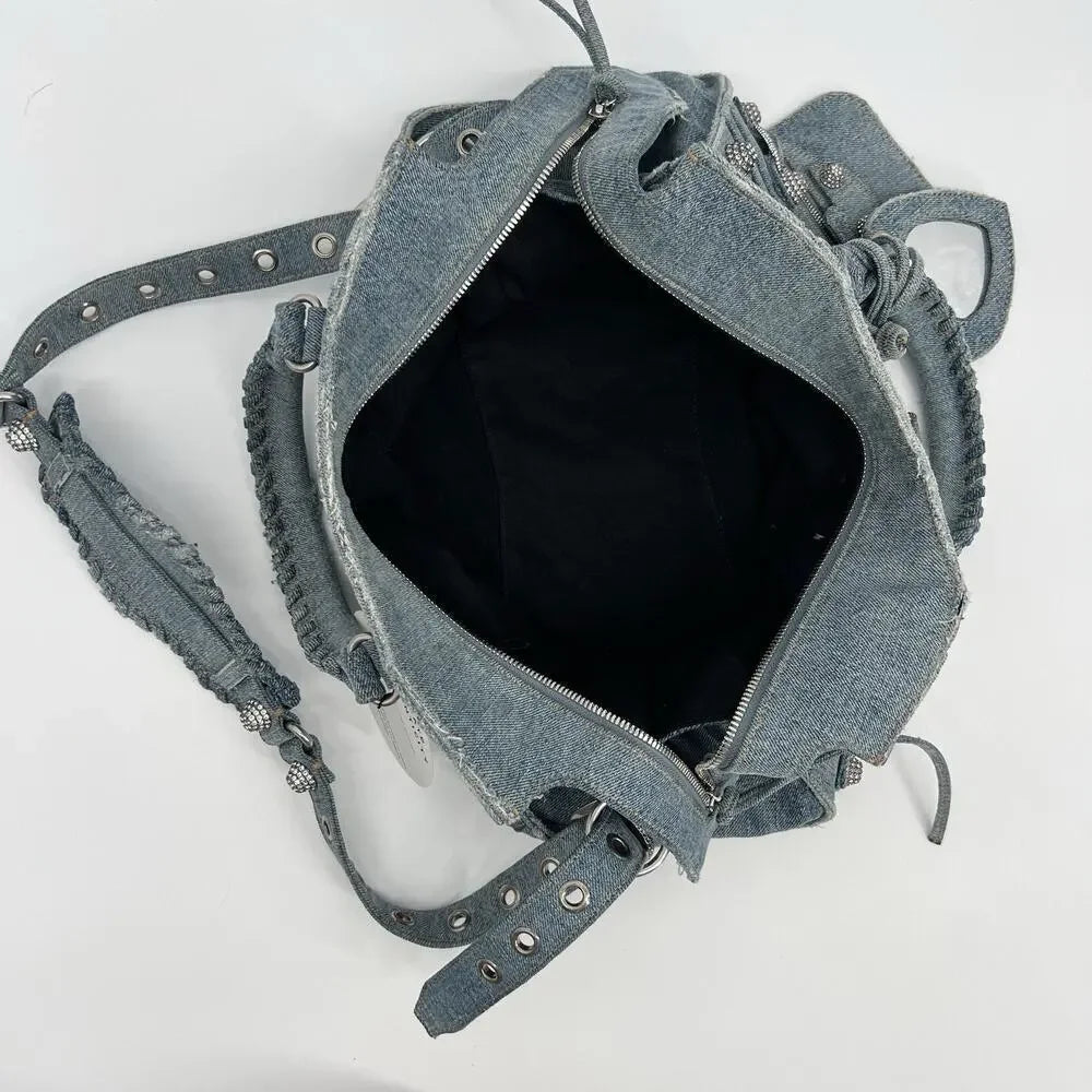 BALENCIAGA Neo Cagole City Handbag Denim Rhinestone Bag 2023