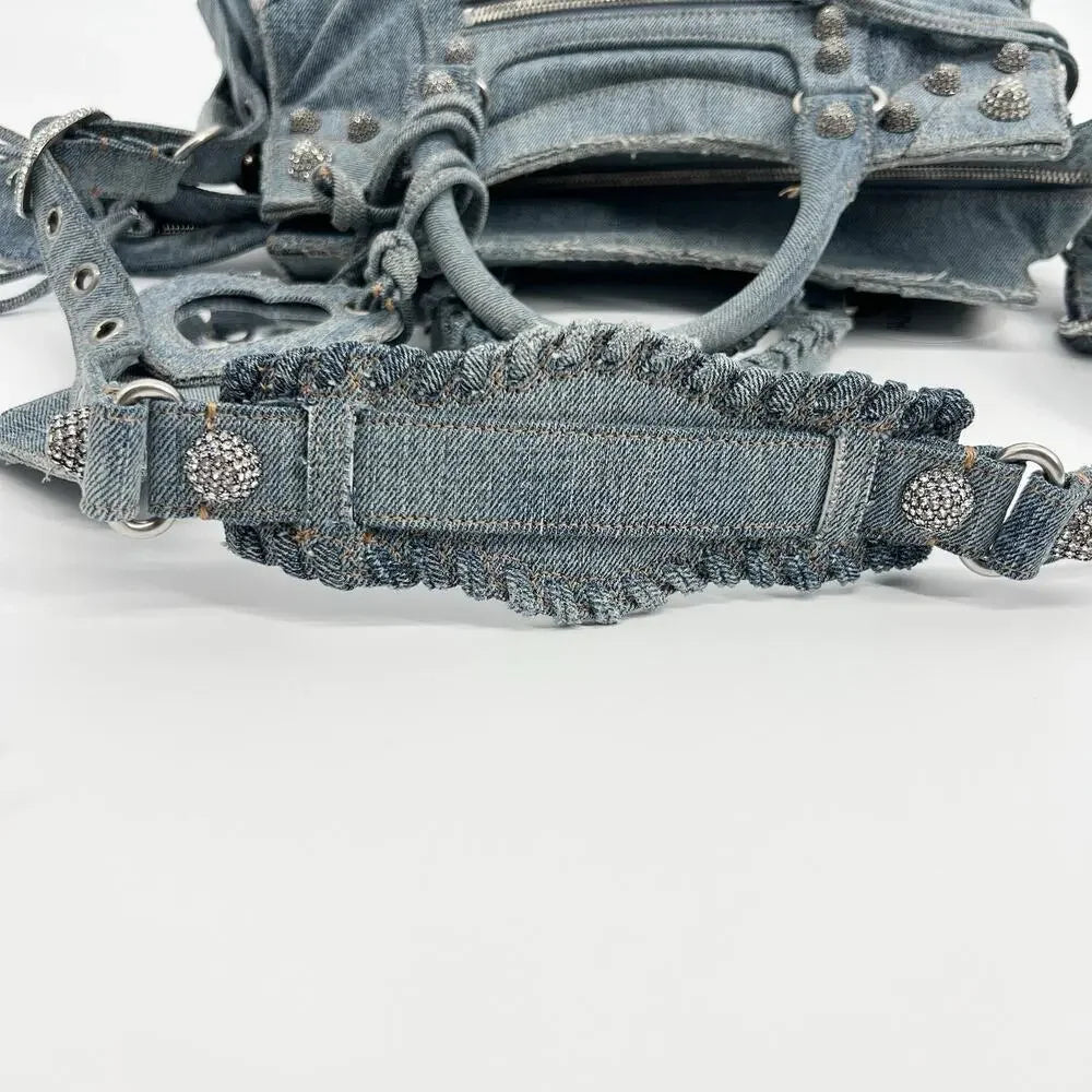 BALENCIAGA Neo Cagole City Handbag Denim Rhinestone Bag 2023