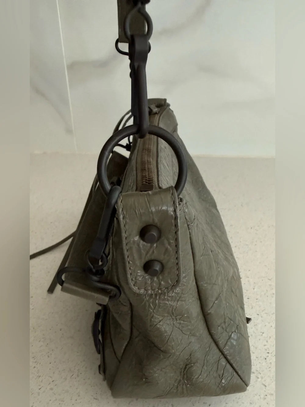 Balenciaga Mini Le City Moto Leather Shoulder Bag Army Green