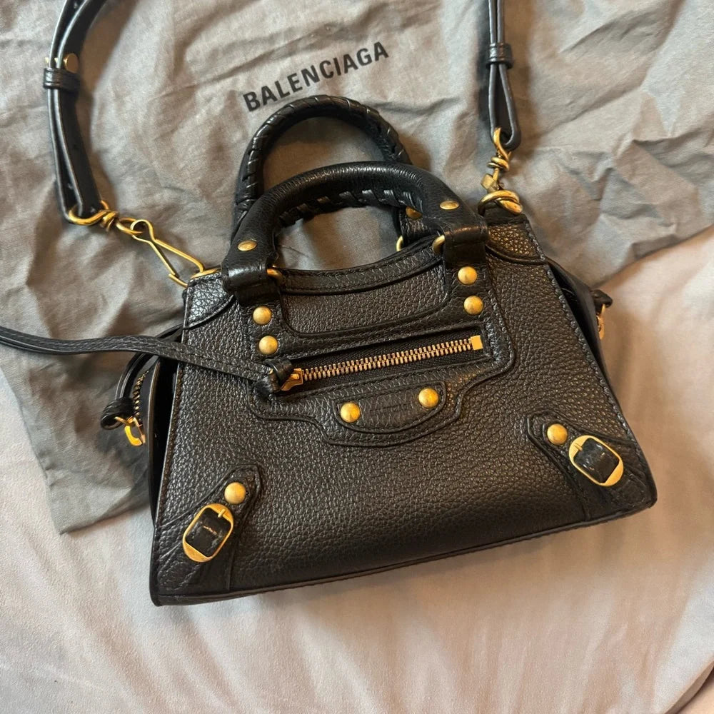 Balenciaga Black Mini City Bag with Gold Hardware