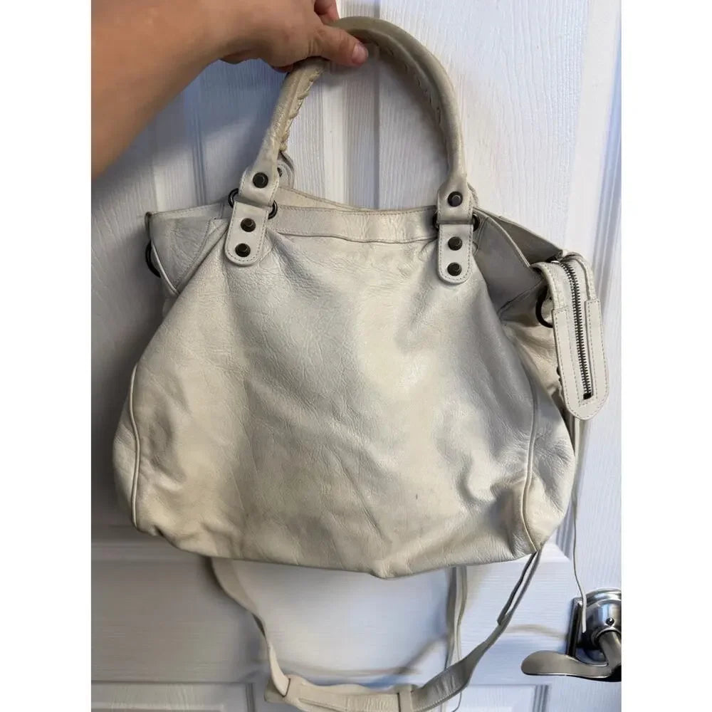 Balenciaga Classic Le City Bag White Lambskin Leather Motorcycle Tote Crossbody
