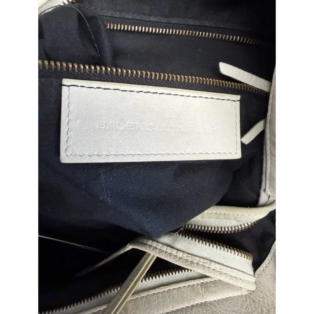Balenciaga Classic Le City Bag White Lambskin Leather Motorcycle Tote Crossbody