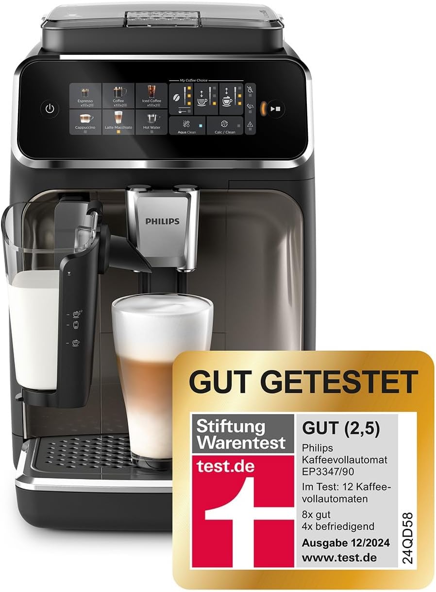Philips 3300 Series Fully Automatic Coffee Machine - 6 Drinks, Modern Colour Touch Screen Display, LatteGo Milk System, SilentBrew, 100% Ceramic Grinder, AquaClean Filter, Black Chrome (EP3347/90)