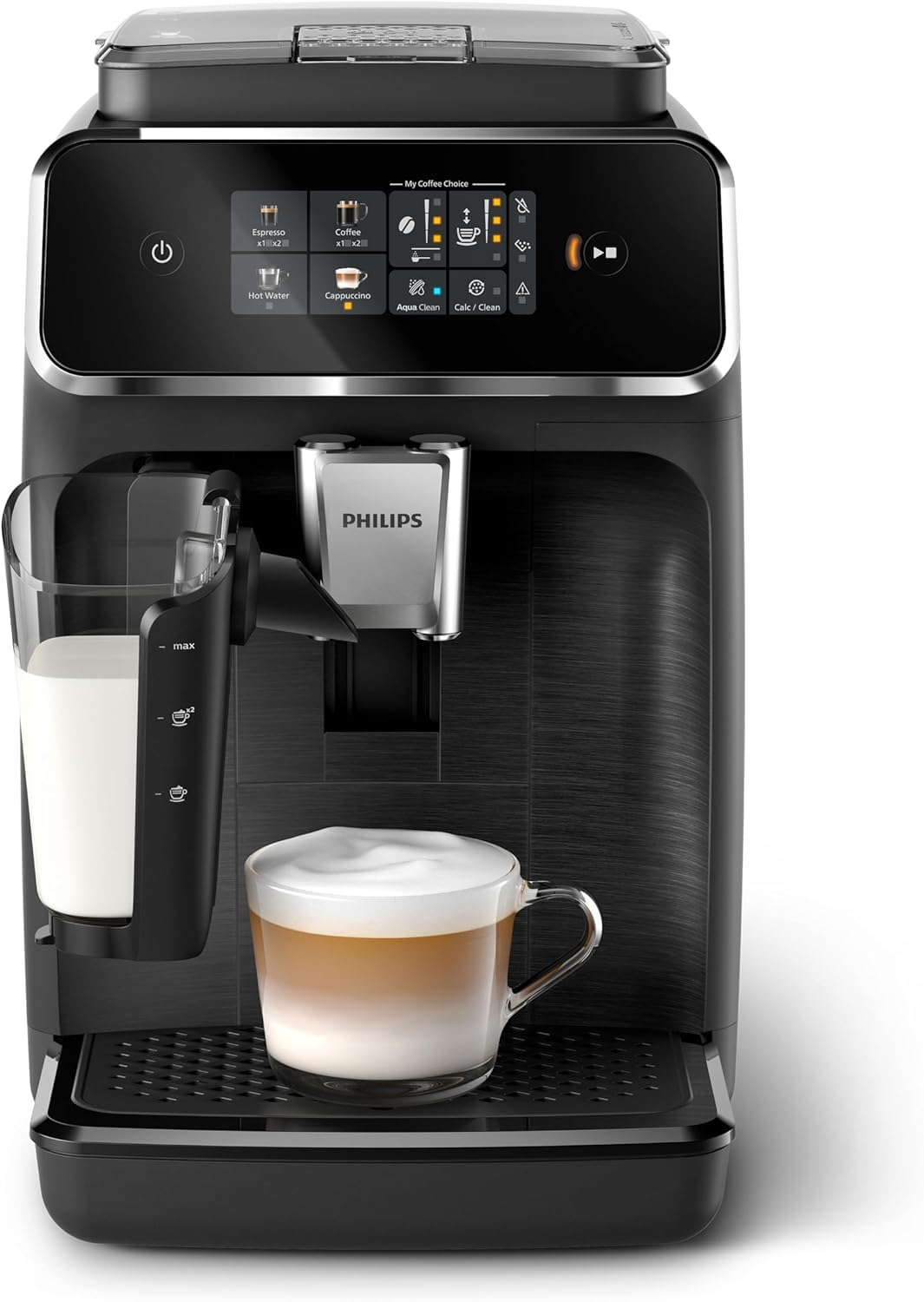 Philips 3300 Series Fully Automatic Coffee Machine - 6 Drinks, Modern Colour Touch Screen Display, LatteGo Milk System, SilentBrew, 100% Ceramic Grinder, AquaClean Filter, Black Chrome (EP3347/90)