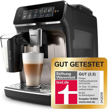 Philips 3300 Series Fully Automatic Coffee Machine - 6 Drinks, Modern Colour Touch Screen Display, LatteGo Milk System, SilentBrew, 100% Ceramic Grinder, AquaClean Filter, Black Chrome (EP3347/90)