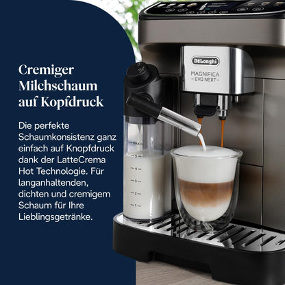 De'Longhi Magnifica Evo Next - Perfetto Fully Automatic Coffee Machine with LatteCrema Milk Frother, 13 One-Touch Drinks, Coffee and Cappuccino Coffee Machine, Coloured Touch Display, Titanium