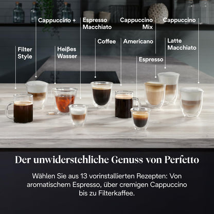 De'Longhi Magnifica Evo Next - Perfetto Fully Automatic Coffee Machine with LatteCrema Milk Frother, 13 One-Touch Drinks, Coffee and Cappuccino Coffee Machine, Coloured Touch Display, Titanium