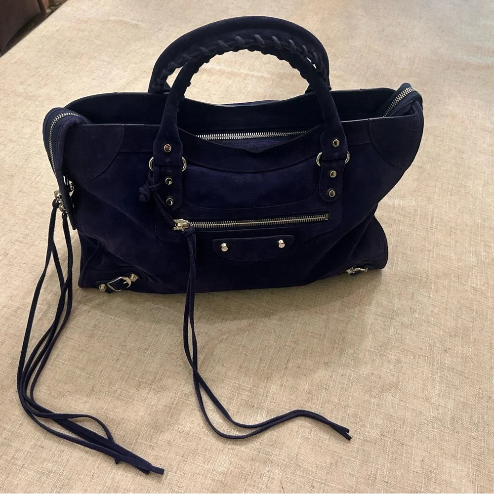 Balenciaga City Bag Blue Suede w/Silver tone hardware