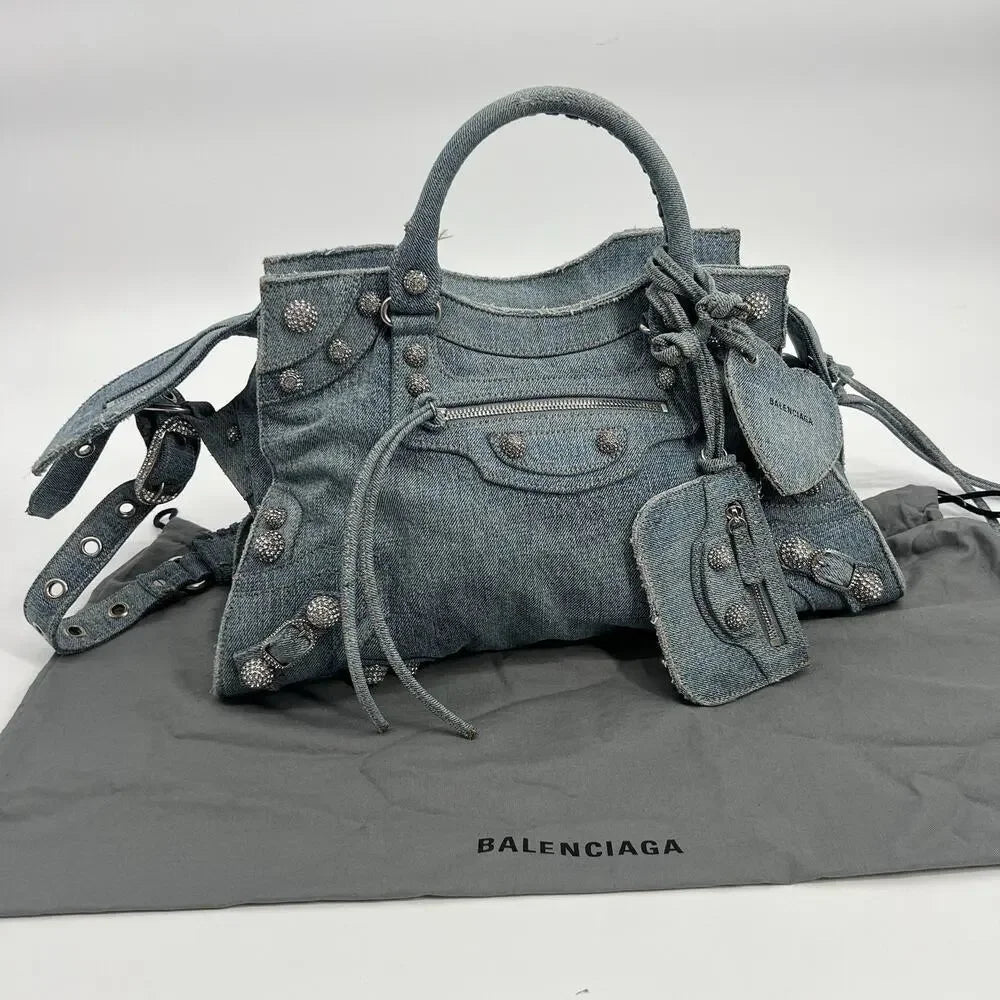 BALENCIAGA Neo Cagole City Handbag Denim Rhinestone Bag 2023
