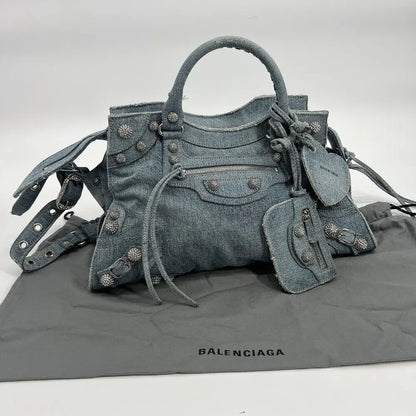 BALENCIAGA Neo Cagole City Handbag Denim Rhinestone Bag 2023