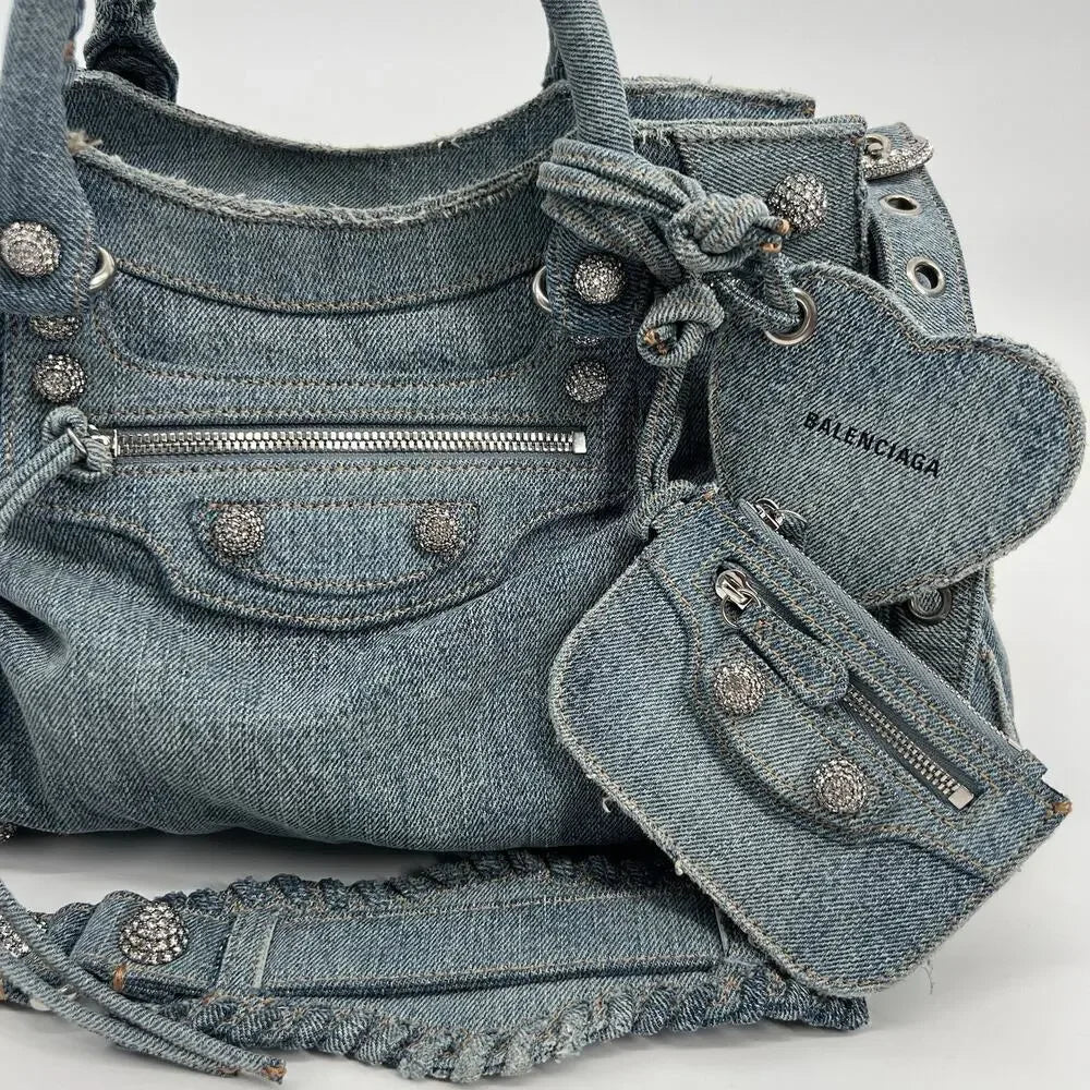 BALENCIAGA Neo Cagole City Handbag Denim Rhinestone Bag 2023