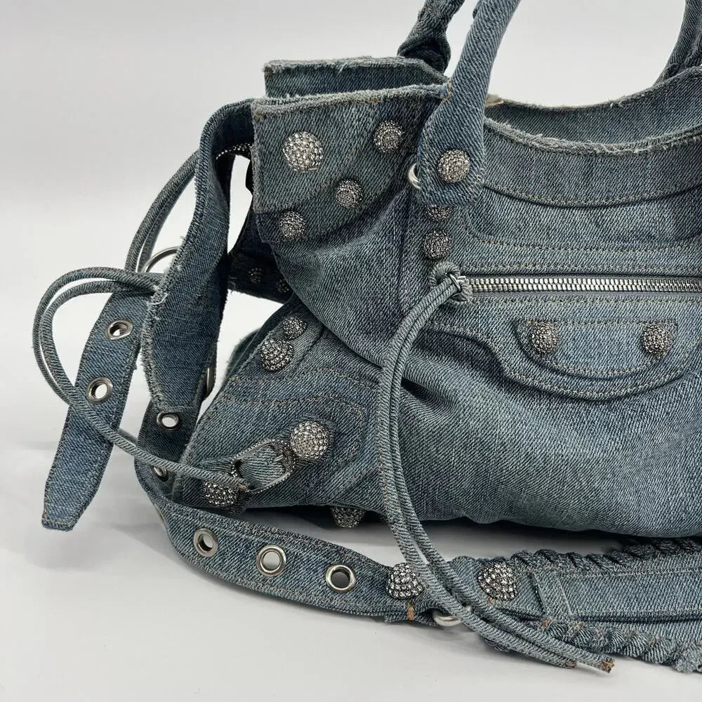 BALENCIAGA Neo Cagole City Handbag Denim Rhinestone Bag 2023
