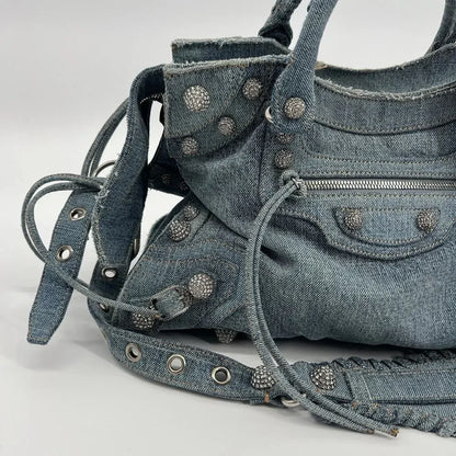 BALENCIAGA Neo Cagole City Handbag Denim Rhinestone Bag 2023