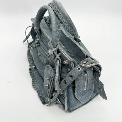 BALENCIAGA Neo Cagole City Handbag Denim Rhinestone Bag 2023