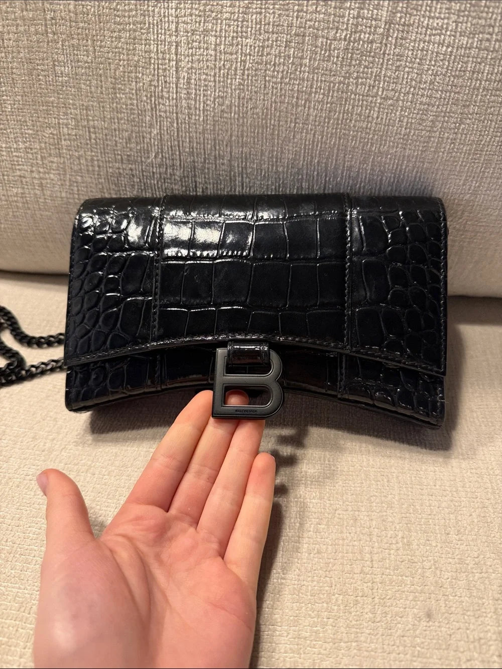 Balenciaga Black Croc-Embossed Leather Crossbody Bag