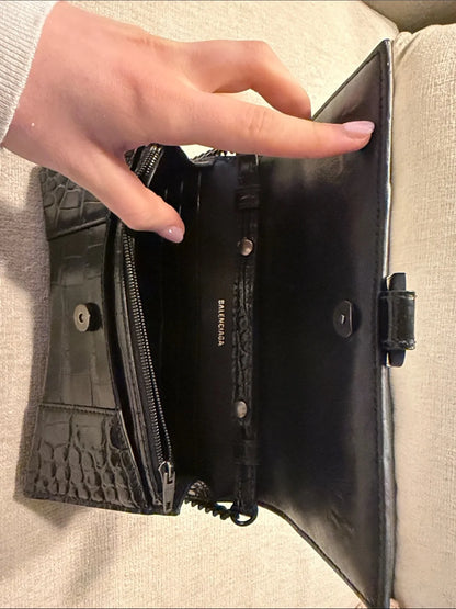 Balenciaga Black Croc-Embossed Leather Crossbody Bag