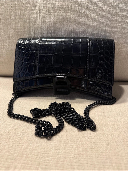 Balenciaga Black Croc-Embossed Leather Crossbody Bag