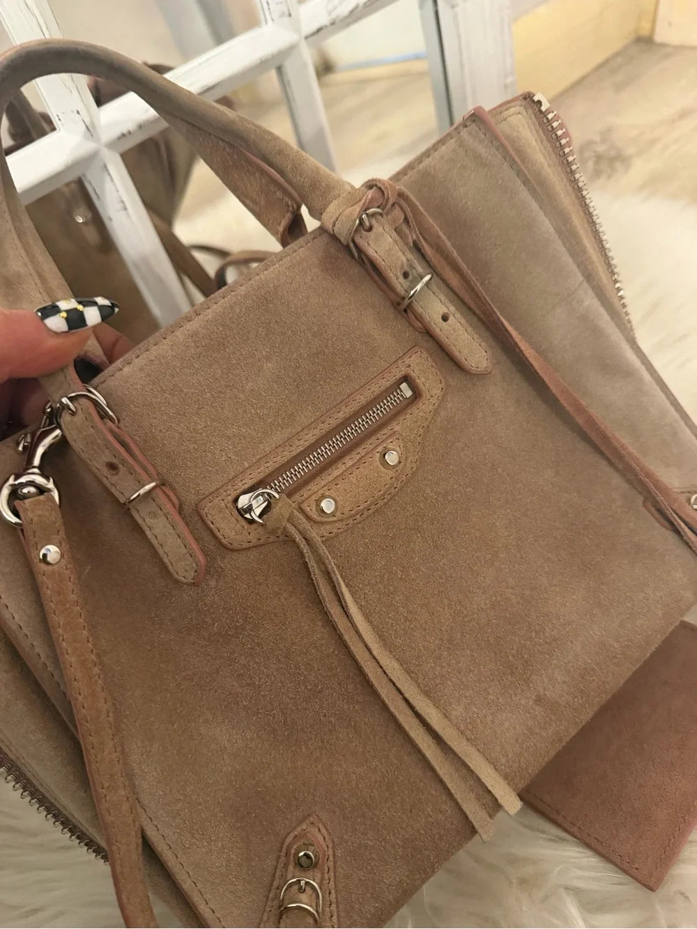 Balenciaga mini papier city bag suedeTote Satchel in Light Beige pink