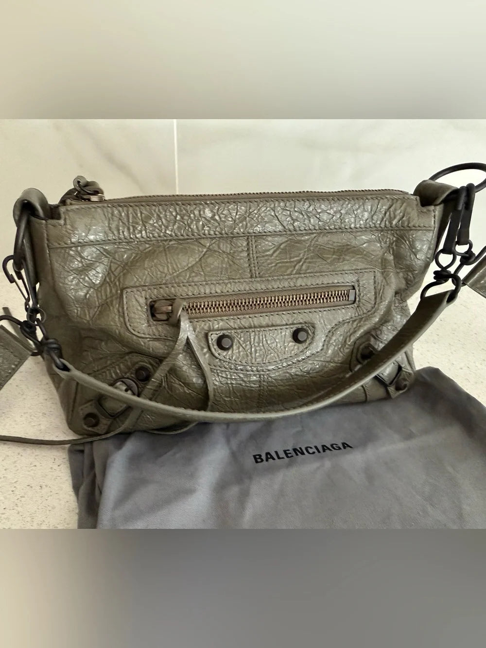 Balenciaga Mini Le City Moto Leather Shoulder Bag Army Green