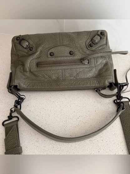 Balenciaga Mini Le City Moto Leather Shoulder Bag Army Green