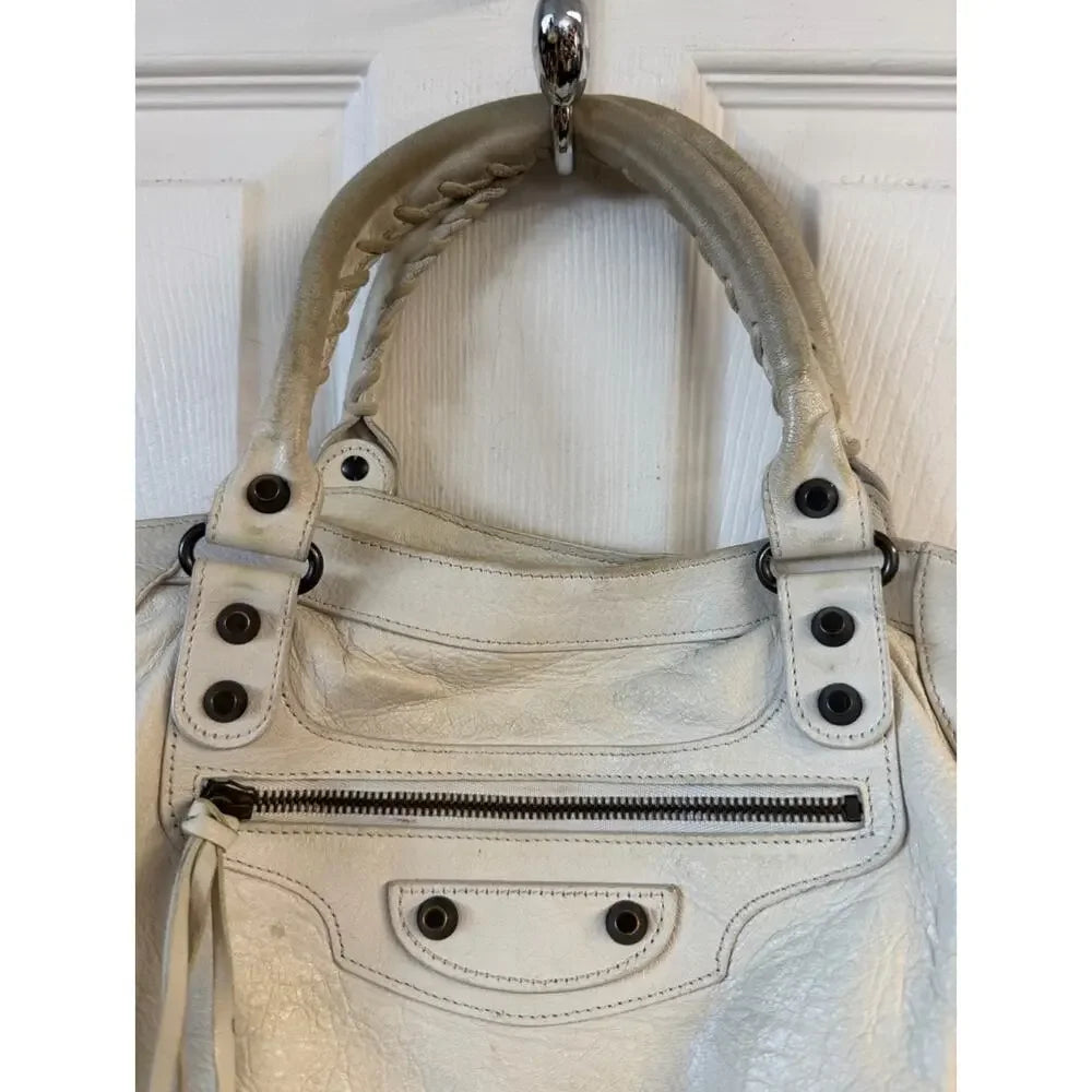 Balenciaga Classic Le City Bag White Lambskin Leather Motorcycle Tote Crossbody