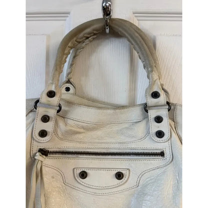 Balenciaga Classic Le City Bag White Lambskin Leather Motorcycle Tote Crossbody