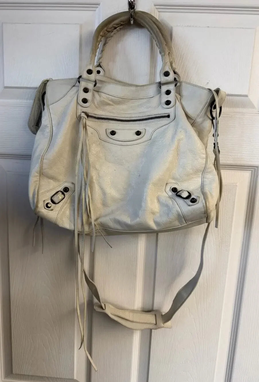 Balenciaga Classic Le City Bag White Lambskin Leather Motorcycle Tote Crossbody