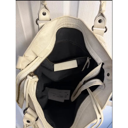Balenciaga Classic Le City Bag White Lambskin Leather Motorcycle Tote Crossbody